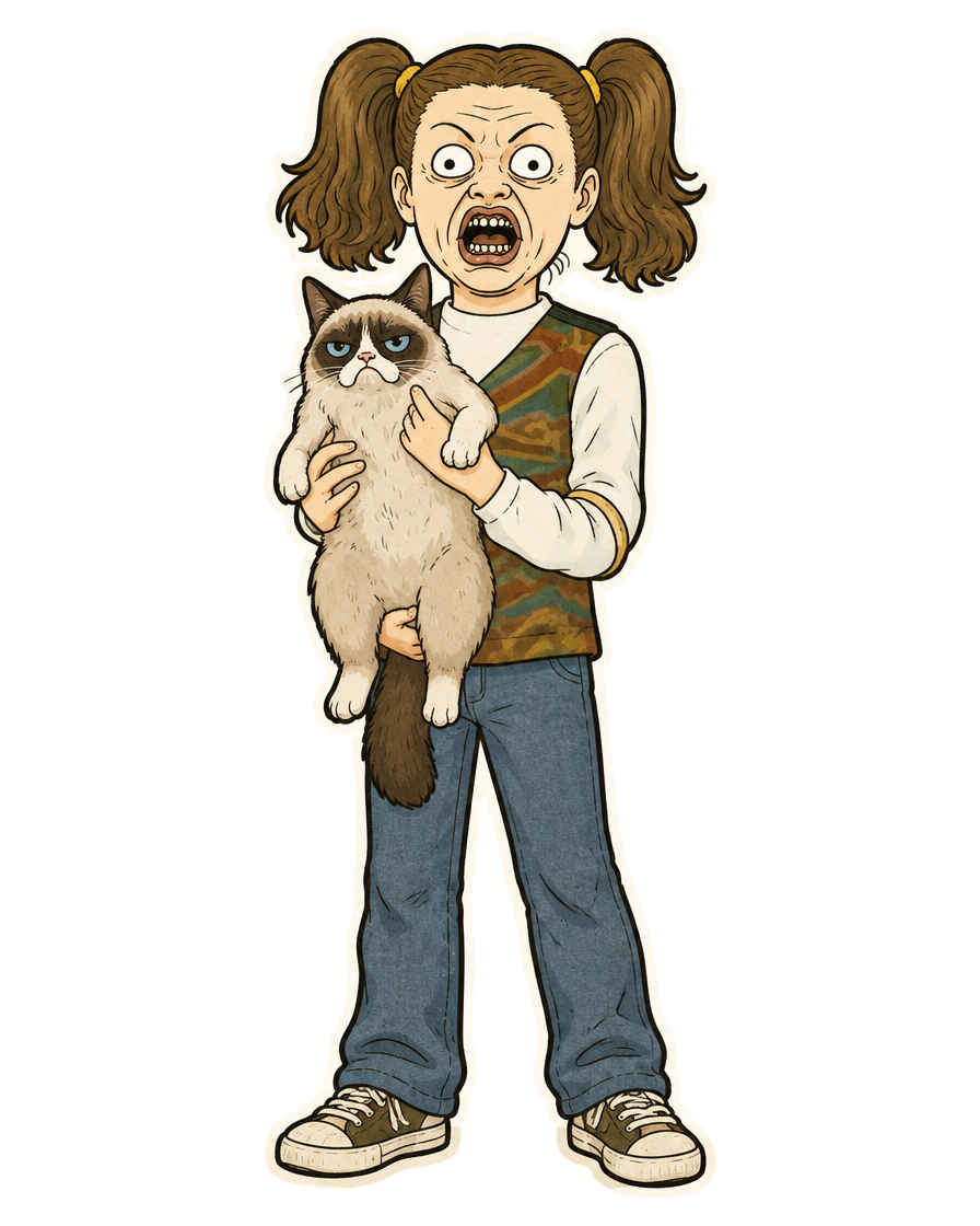Ermah, a wide-eyed girl with pigtails and a retainer, shrieking with joy while holding Persia, a deeply unimpressed grumpy cat